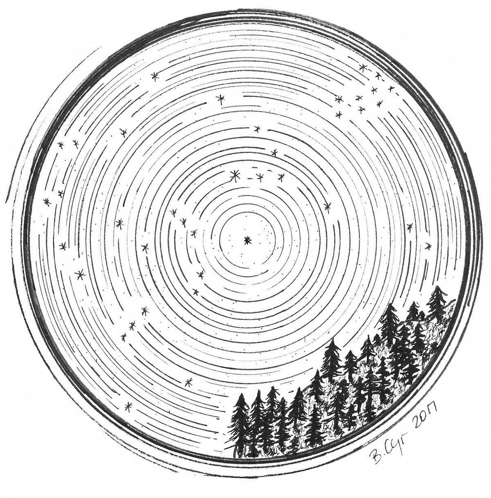 Star trails - Pleaides, Taurus and Orion over a tree covered mountainside - Original Drawing - Beth Cyr Handmade Jewelry