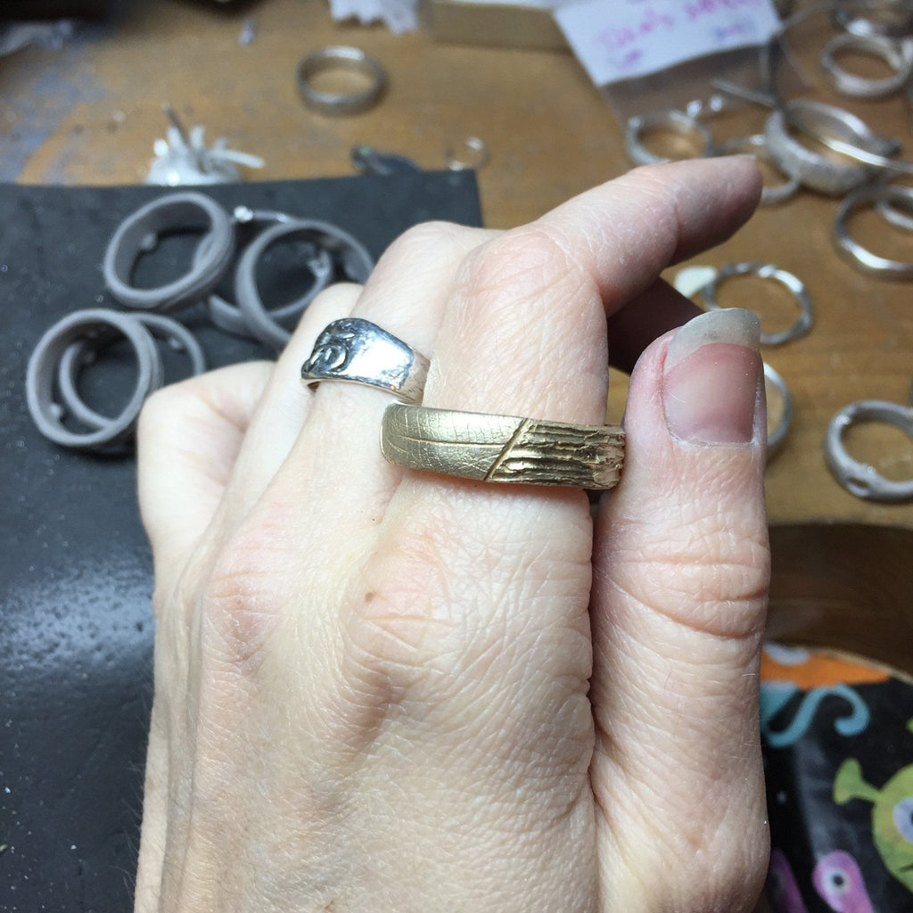Custom Order Leaf Imprint and Tree Bark ring - Beth Cyr Handmade Jewelry