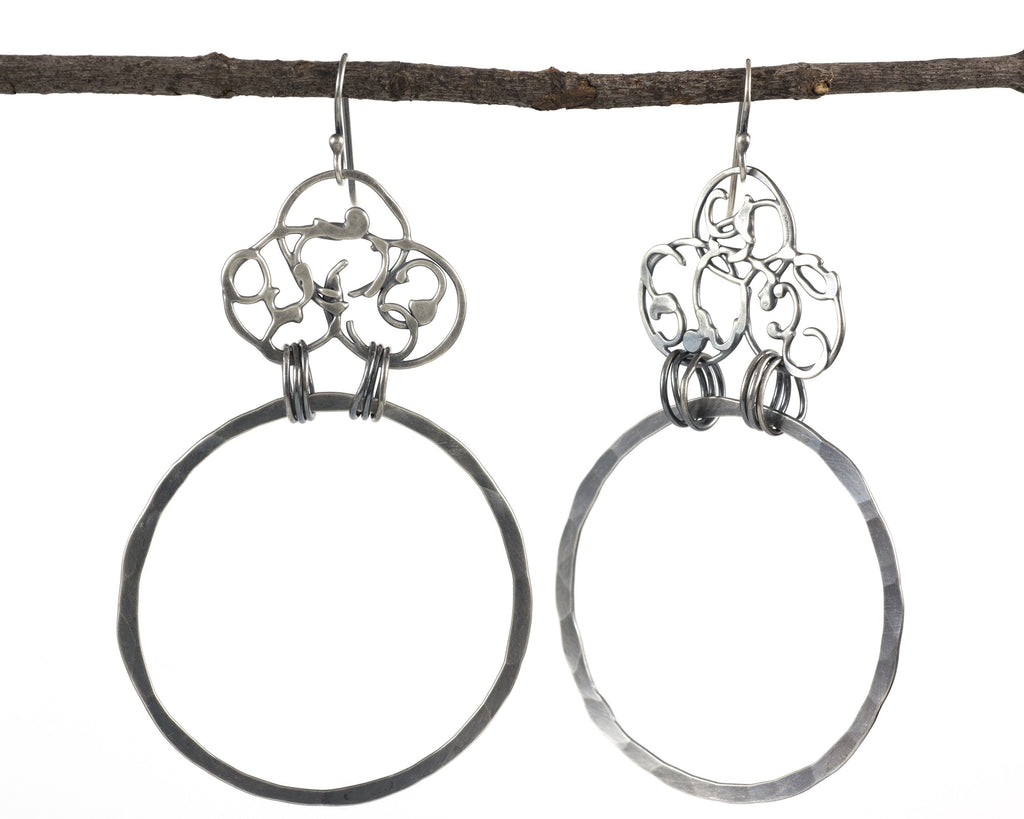 Organic Vine and Large Circle Earrings in Sterling Silver #20 - Ready to Ship - Beth Cyr Handmade Jewelry