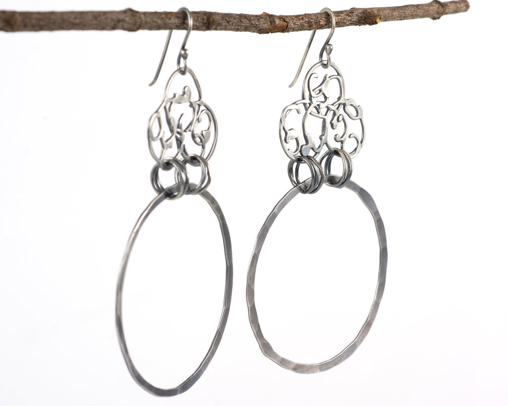 Organic Vine and Large Circle Earrings in Sterling Silver #20 - Ready to Ship - Beth Cyr Handmade Jewelry