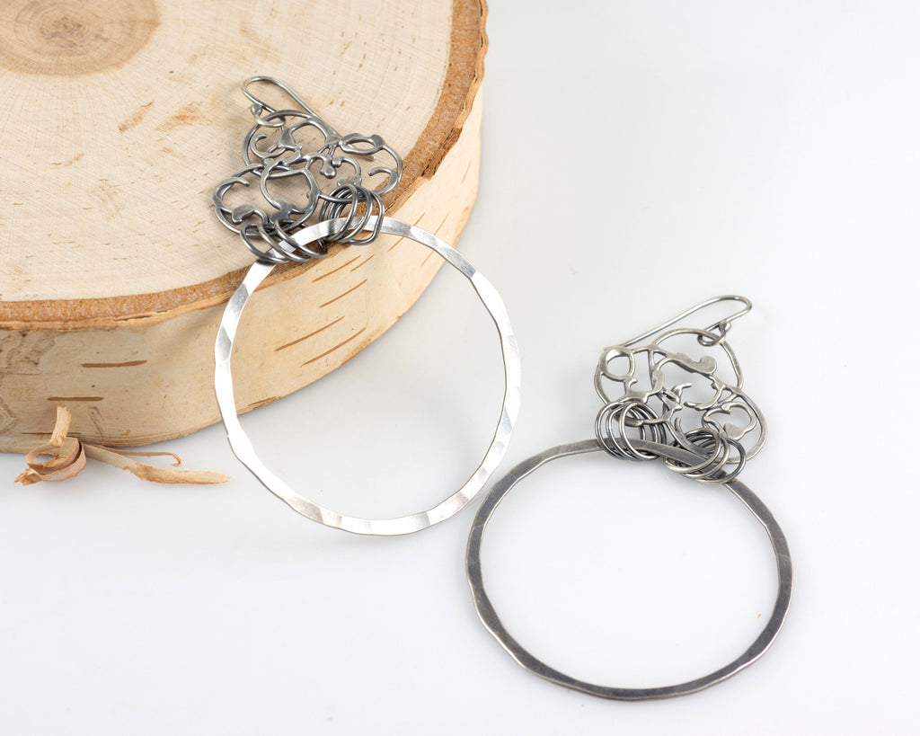 Organic Vine and Large Circle Earrings in Sterling Silver #20 - Ready to Ship - Beth Cyr Handmade Jewelry