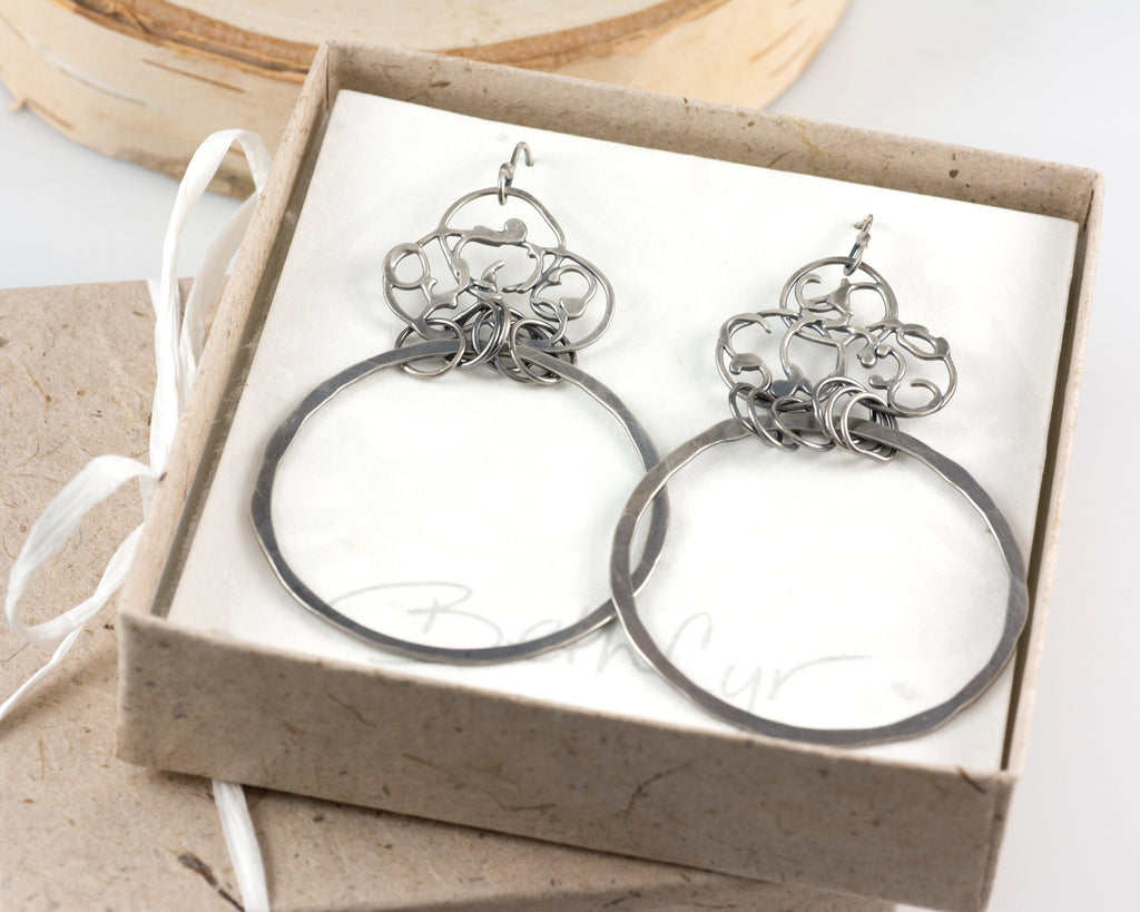 Organic Vine and Large Circle Earrings in Sterling Silver #20 - Ready to Ship - Beth Cyr Handmade Jewelry