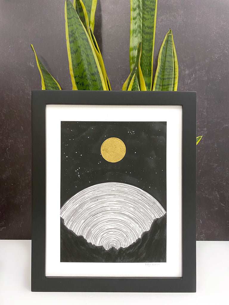Rising Moon over the Mountains with Star Trails - Hand Embellished Print - Print to Order