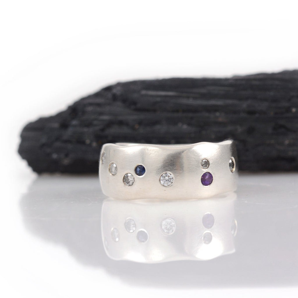 Simplicity Ring with Scattered Diamonds, Sapphire and Amethyst - size 6 - Ready to Ship - Beth Cyr Handmade Jewelry