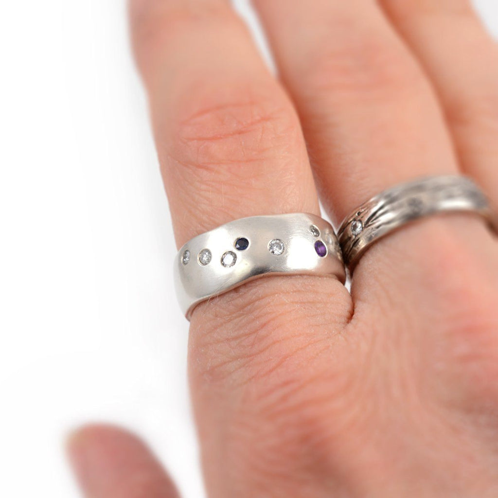 Simplicity Ring with Scattered Diamonds, Sapphire and Amethyst - size 6 - Ready to Ship - Beth Cyr Handmade Jewelry