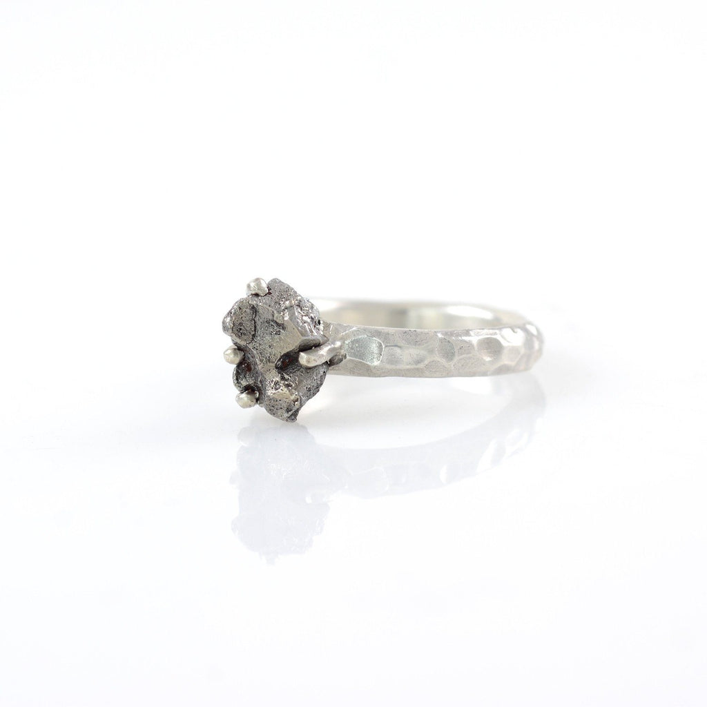 Meteorite Ring with Carved Band and Prong Setting in Palladium Sterling Silver - size 5 - Ready to Ship - Beth Cyr Handmade Jewelry