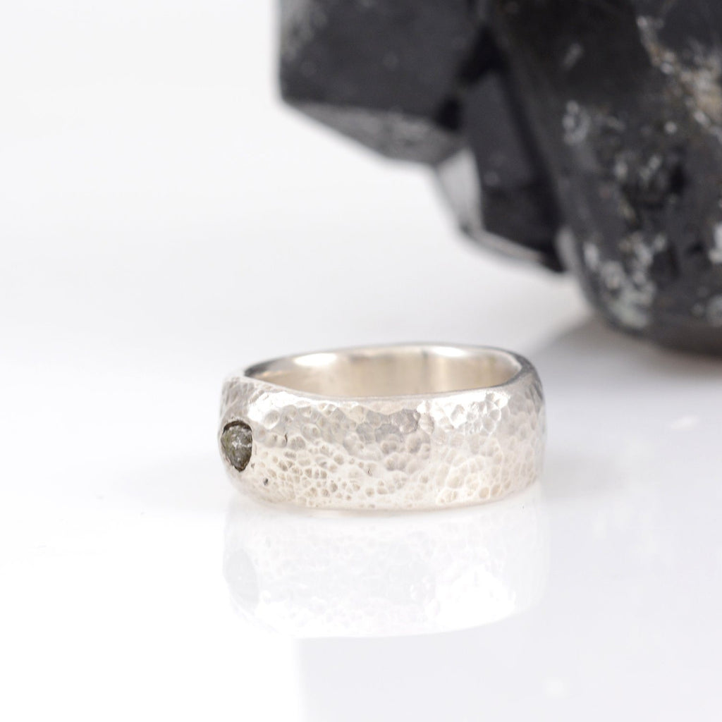 Tiny Hammered Dimpled Band with Rough Diamond in Palladium Sterling Silver - size 5.5 - Ready to Ship - Beth Cyr Handmade Jewelry