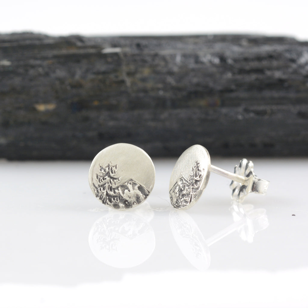 Landscape Earrings - Fir Tree and Mountain Sterling Silver Post Earrings - Ready to Ship