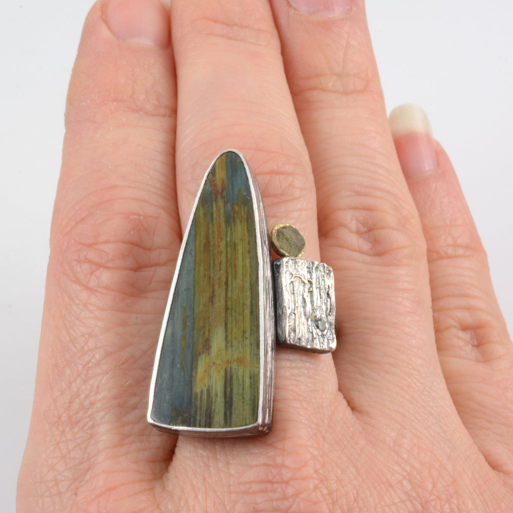 Gary Green Jasper/Petrified Bog Wood, Rough Sapphire, Diamond in Sterling Silver - size 6 - Ready to Ship - Beth Cyr Handmade Jewelry