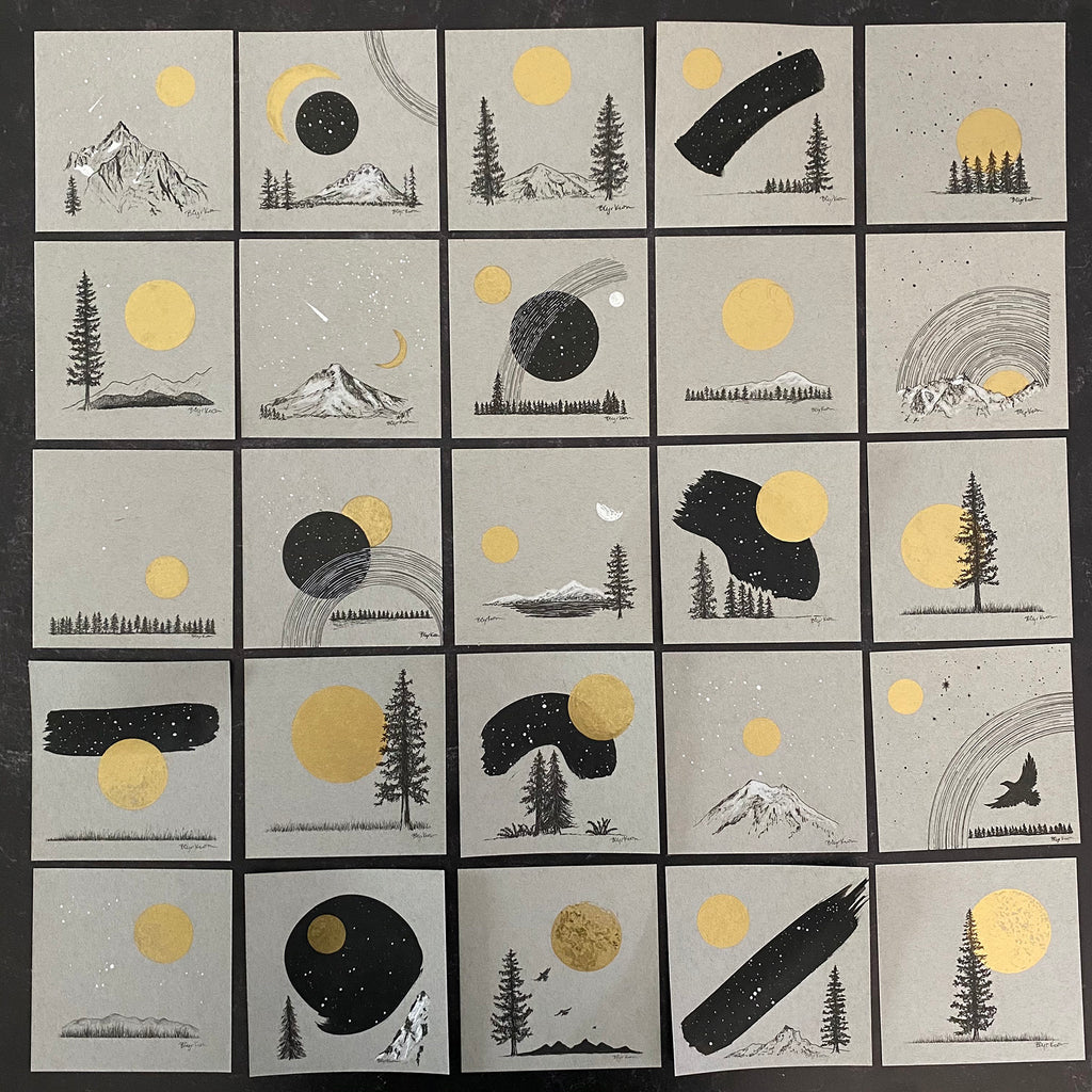 Tree Line and Full Moon - Grey and Gold Collection #11 - Original drawing - 4"x4"