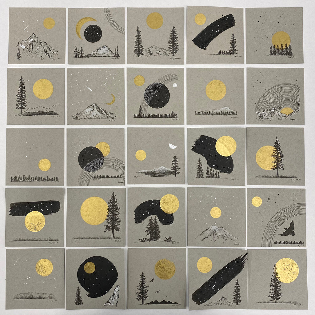 Aries, Star Trails, Sun and Moon over the Tree Line - Grey and Gold Collection #8 - Original drawing - 4"x4"