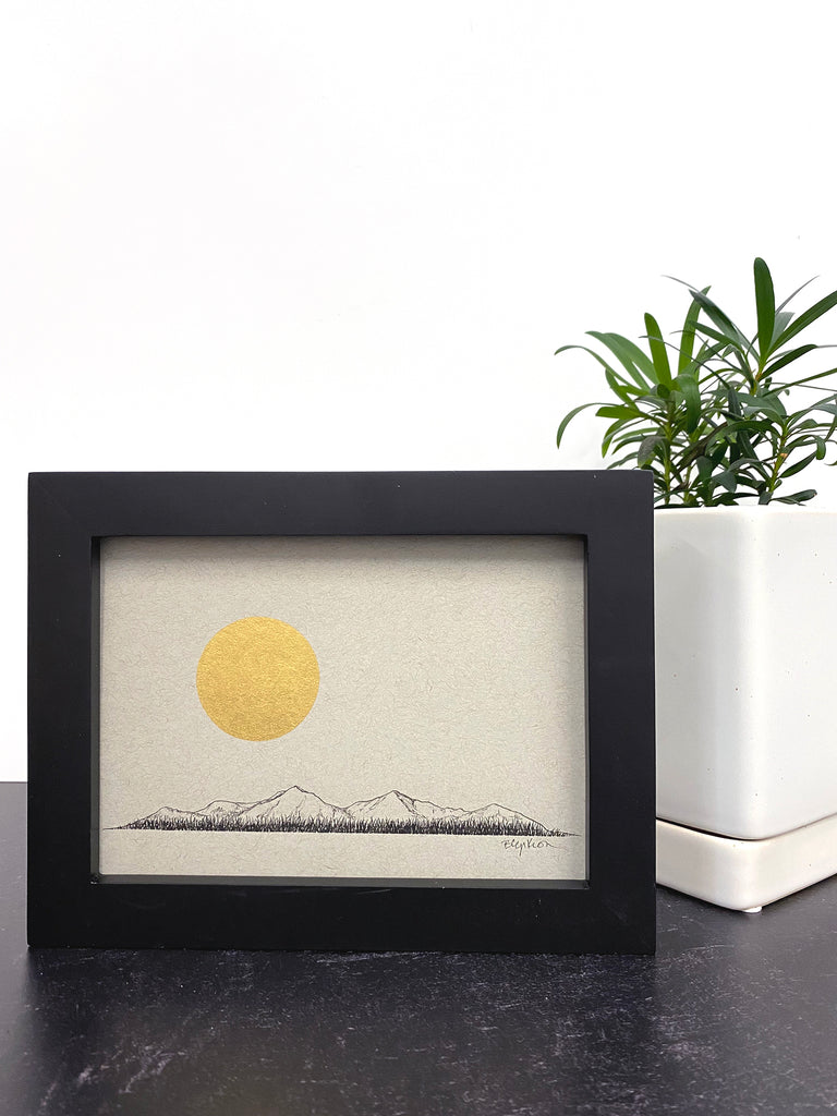 Peaceful mountains and full moon - Grey and Gold Collection #29 - Original drawing - 5"x7"