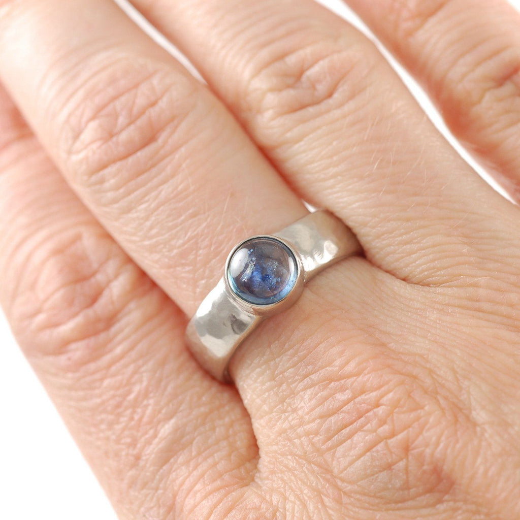 Custom Order Palladium/Silver Hammered Ring with Sapphire - Beth Cyr Handmade Jewelry