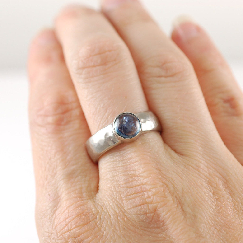 Custom Order Palladium/Silver Hammered Ring with Sapphire - Beth Cyr Handmade Jewelry