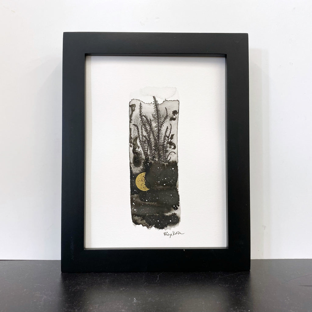 Beauty in the Upside Down 36 - Tall Fern and Crescent Moon - Original Drawing - 6”x8”