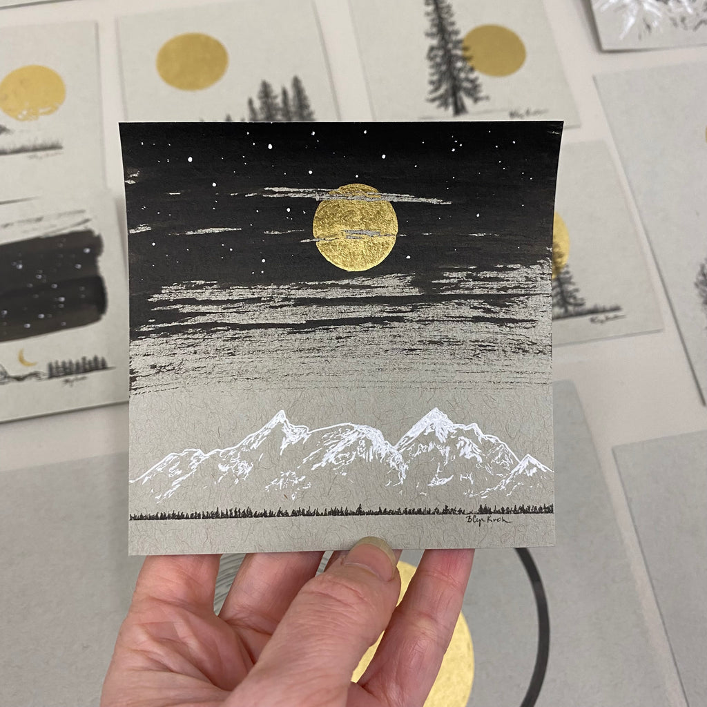 Snowy Mountain and a Cloudy Night Sky - Grey and Gold Collection #36 - Original drawing - 4"x4"