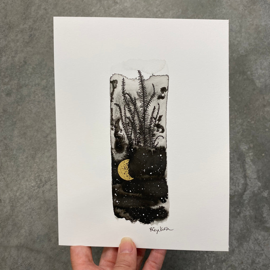 Beauty in the Upside Down 36 - Tall Fern and Crescent Moon - Original Drawing - 6”x8”