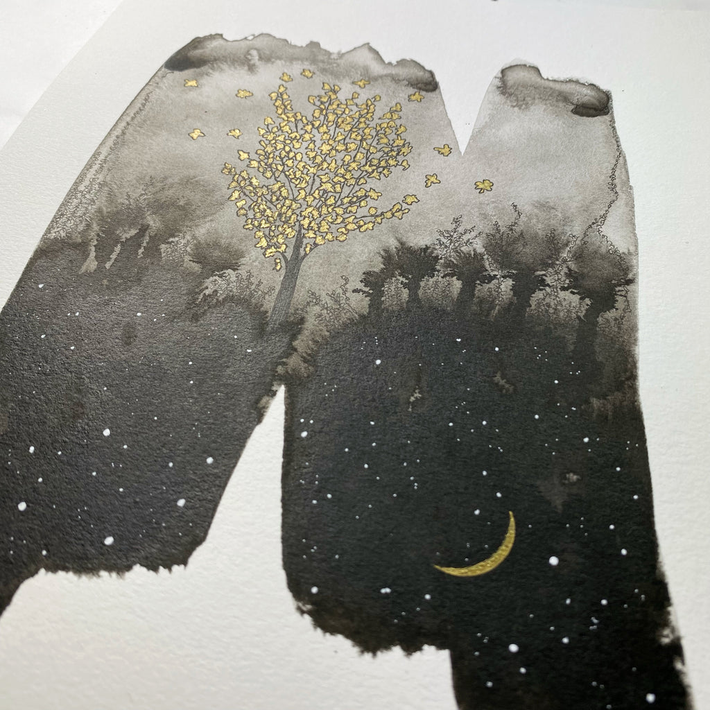Beauty in the Upside Down 6 - Gold Leaves - Original Drawing - 8”x10”