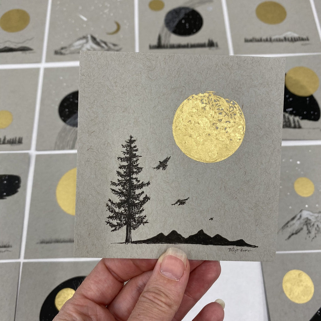 Bird and Mountain Silhouettes, Tree and Moon - Grey and Gold Collection #23 - Original drawing - 4"x4"