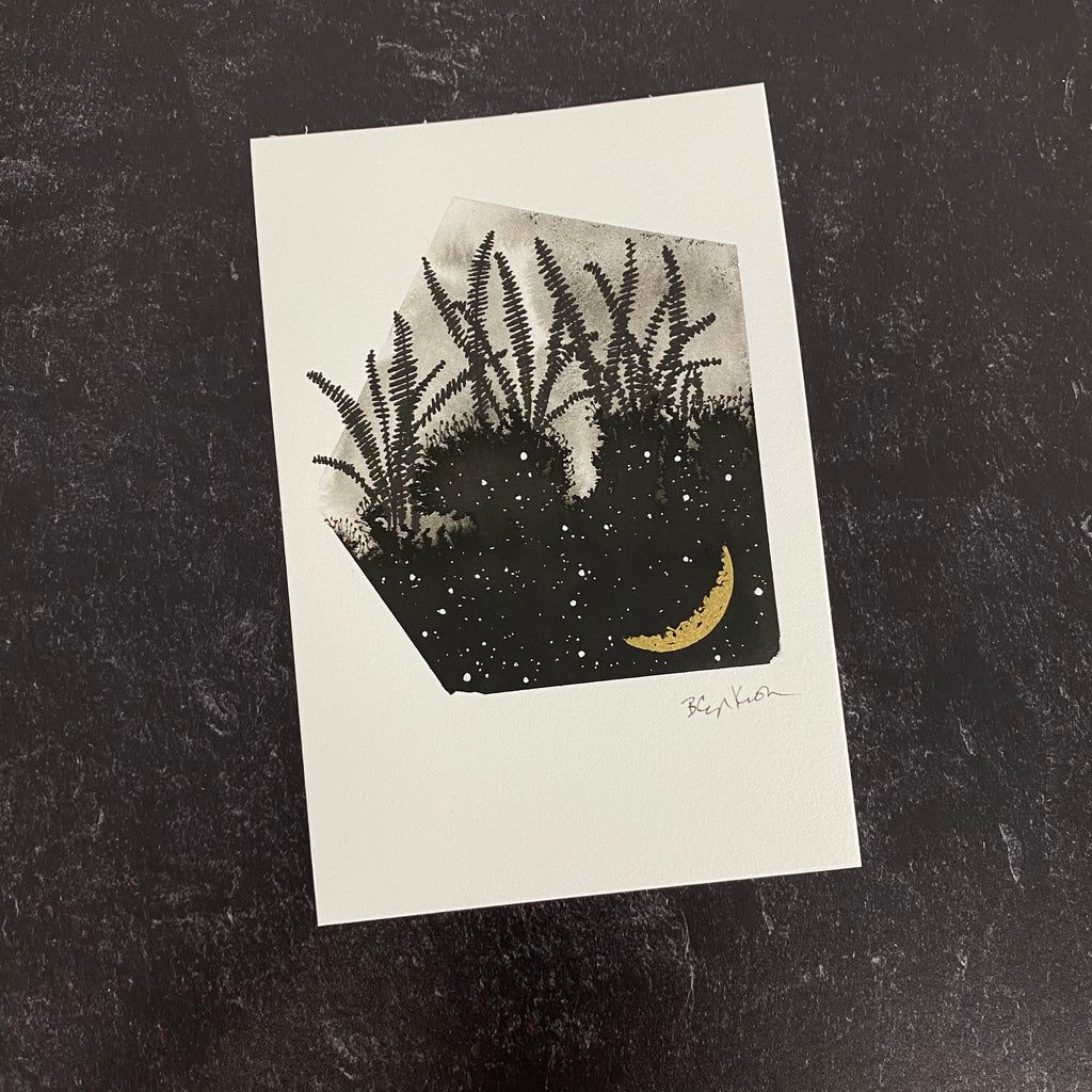 Beauty in the Upside Down 32 - Ferns and Crescent Moon - Original Drawing - 4”x6”