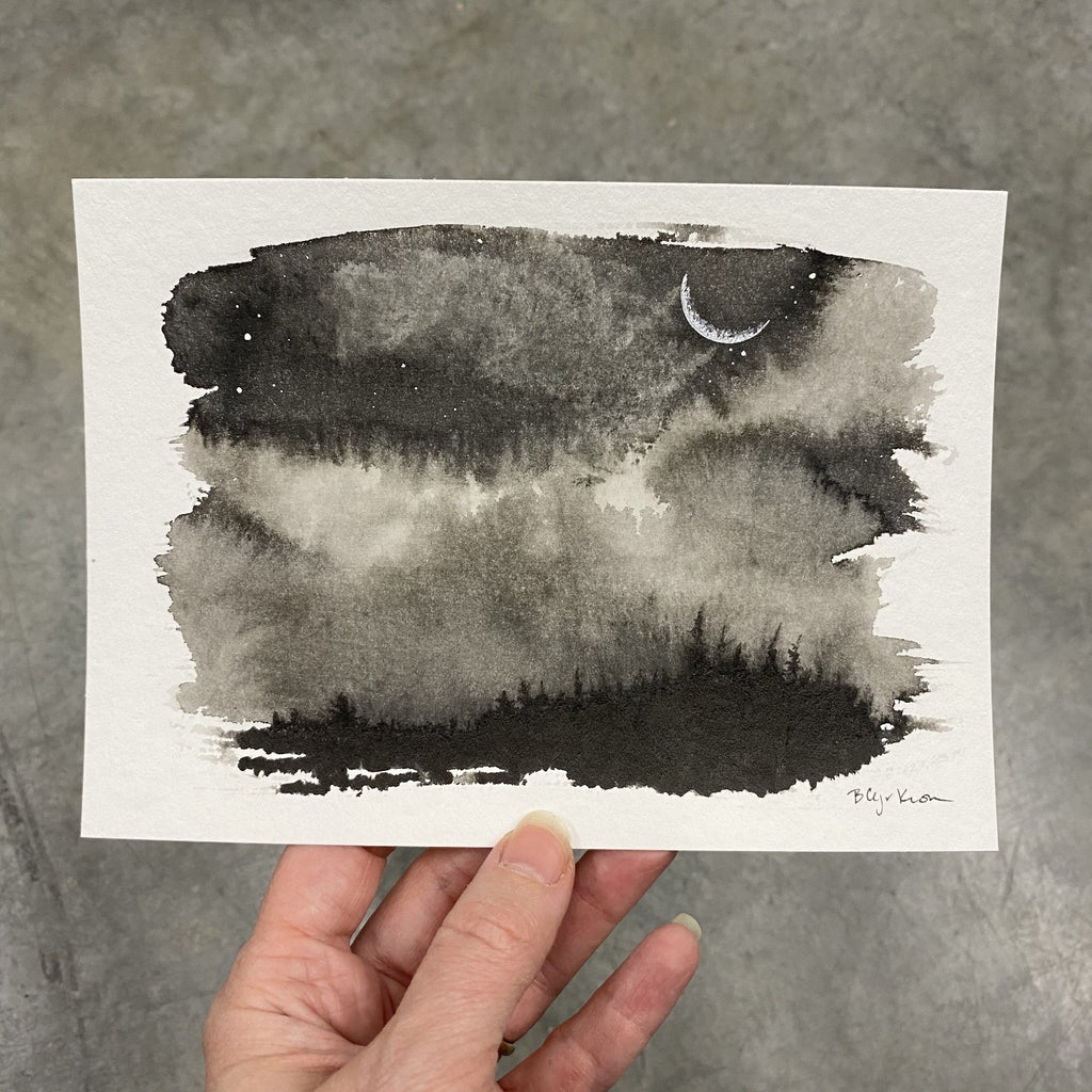 Winter Night Sky 6 - Moody clouds and a crescent moon - 5 x 7 - Original Drawing