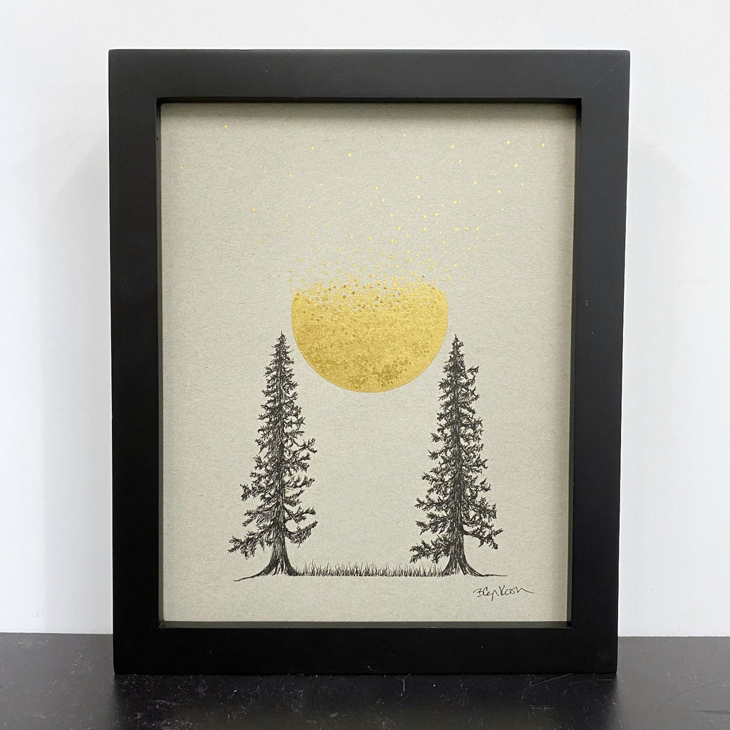 Tree Pair with Coalescing and Disintegrating Moon - Grey and Gold Collection #67 - Original Drawing - 8" x 10"