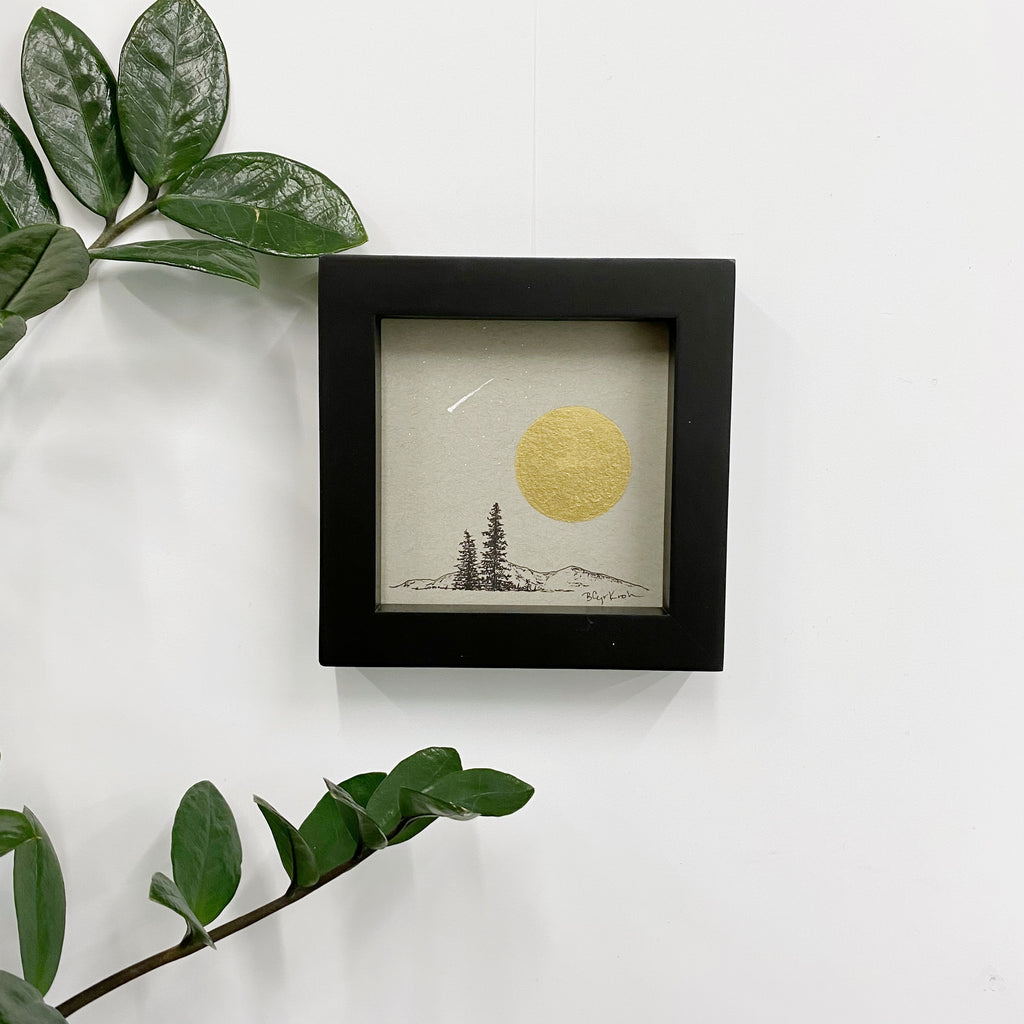 Shooting Star, Moon, Mountain and Tree pair - Grey and Gold Collection #35 - Original drawing - 4"x4"