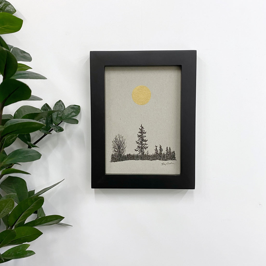 Winter Evening Full Moon - Grey and Gold Collection #49 - Original drawing - 5"x7"