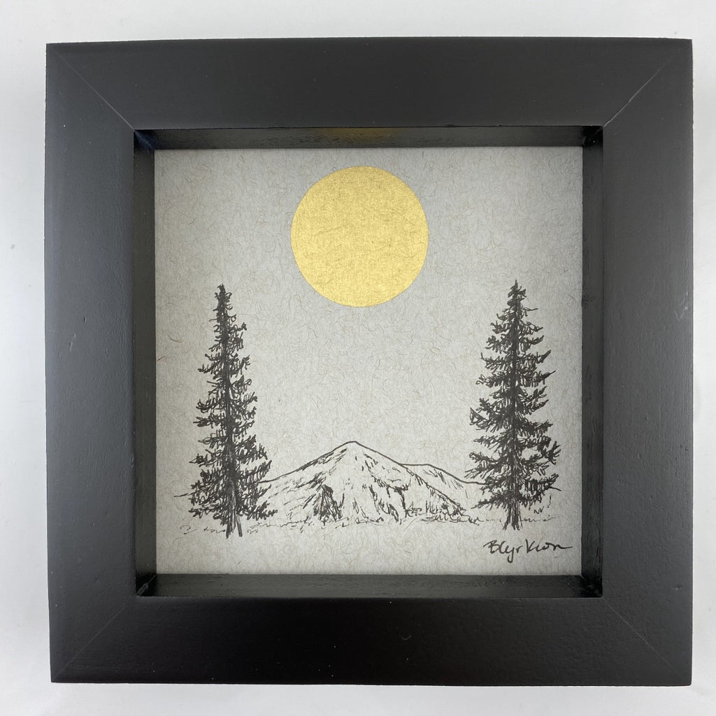 Sun, Mountain and Tree Twins - Grey and Gold Collection #3 - Original drawing - 4"x4"