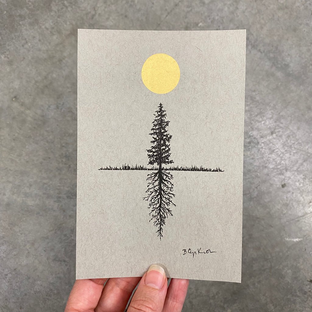 Full moon, tree and roots - Grey and Gold Collection #63 - Original drawing - 4"x6"