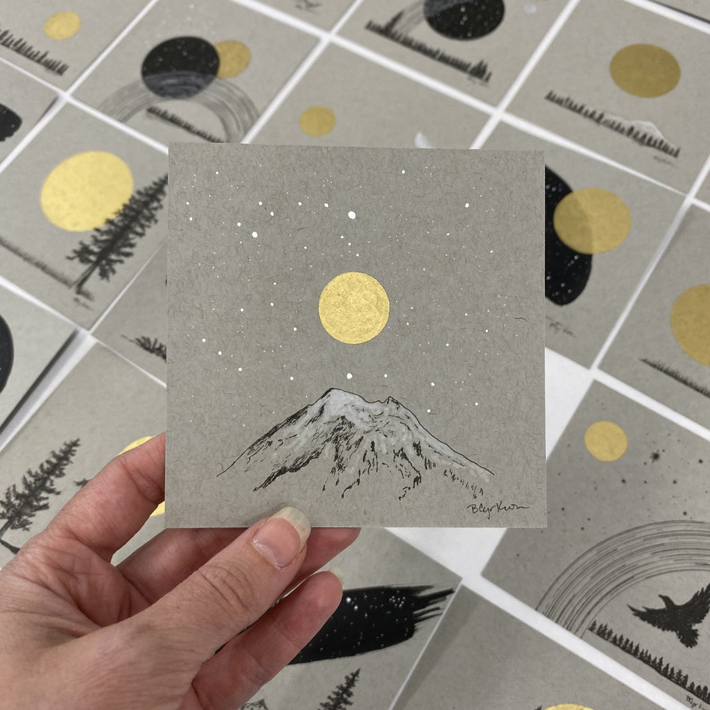 Mt. Baker Inspired Snowy Mountain and Moon with Little Dipper - Grey and Gold Collection #19 - Original drawing - 4"x4"