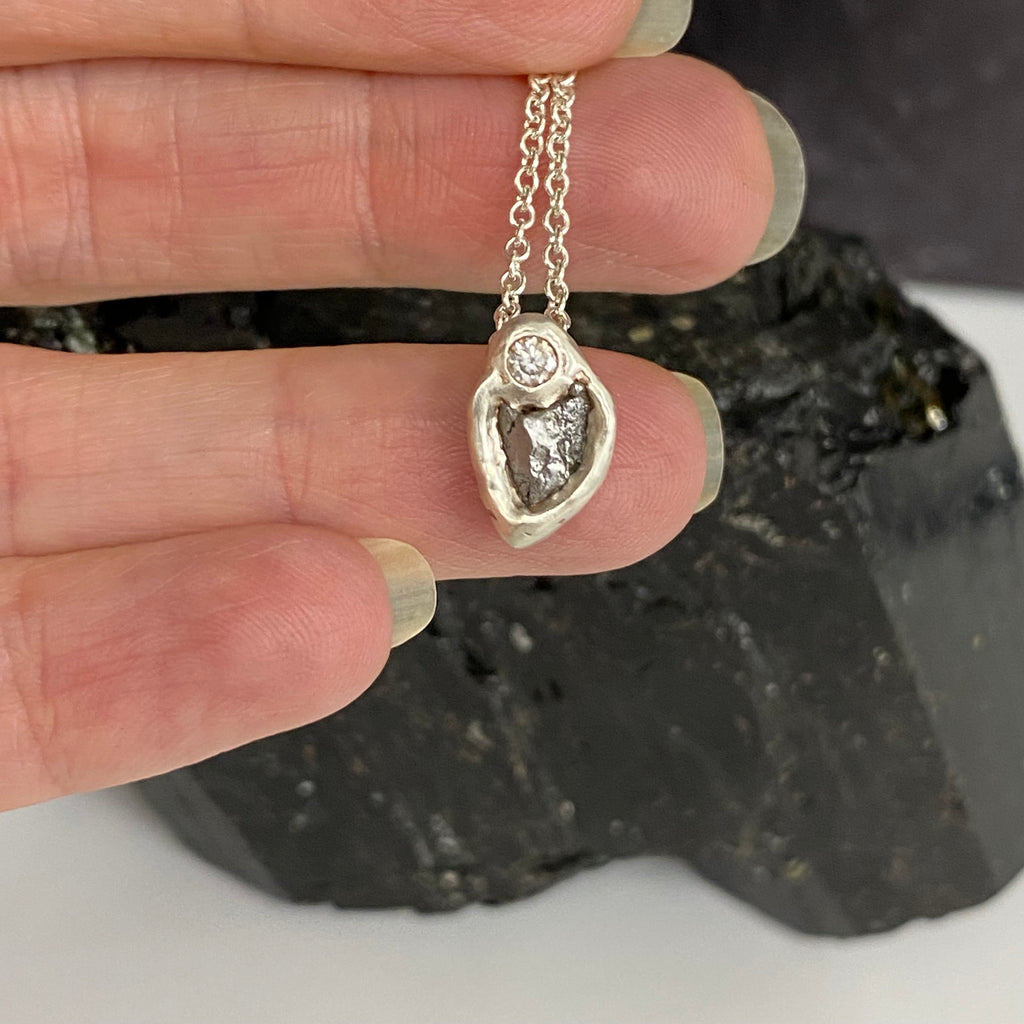 RESERVED for Linda - Little Meteorite and Moissanite Pendant in Sterling Silver - Ready to Ship
