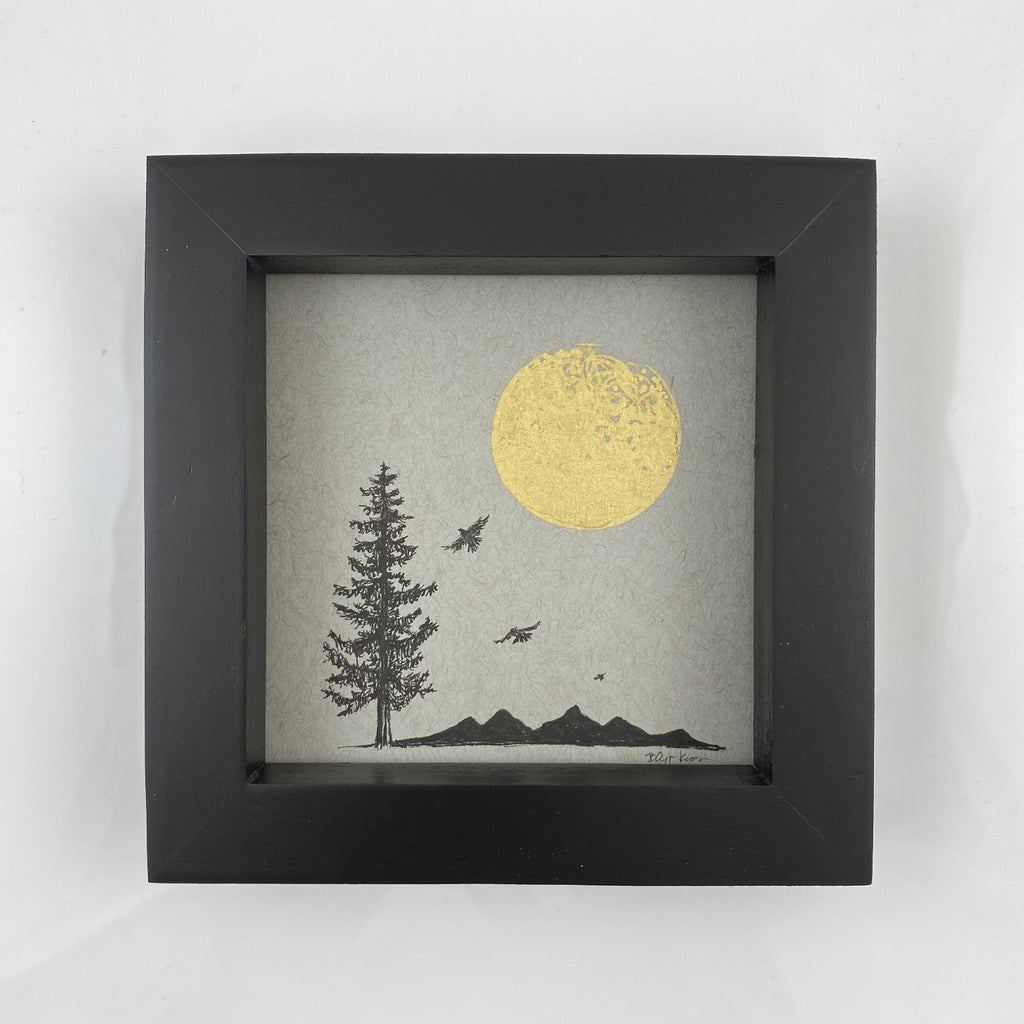Bird and Mountain Silhouettes, Tree and Moon - Grey and Gold Collection #23 - Original drawing - 4"x4"