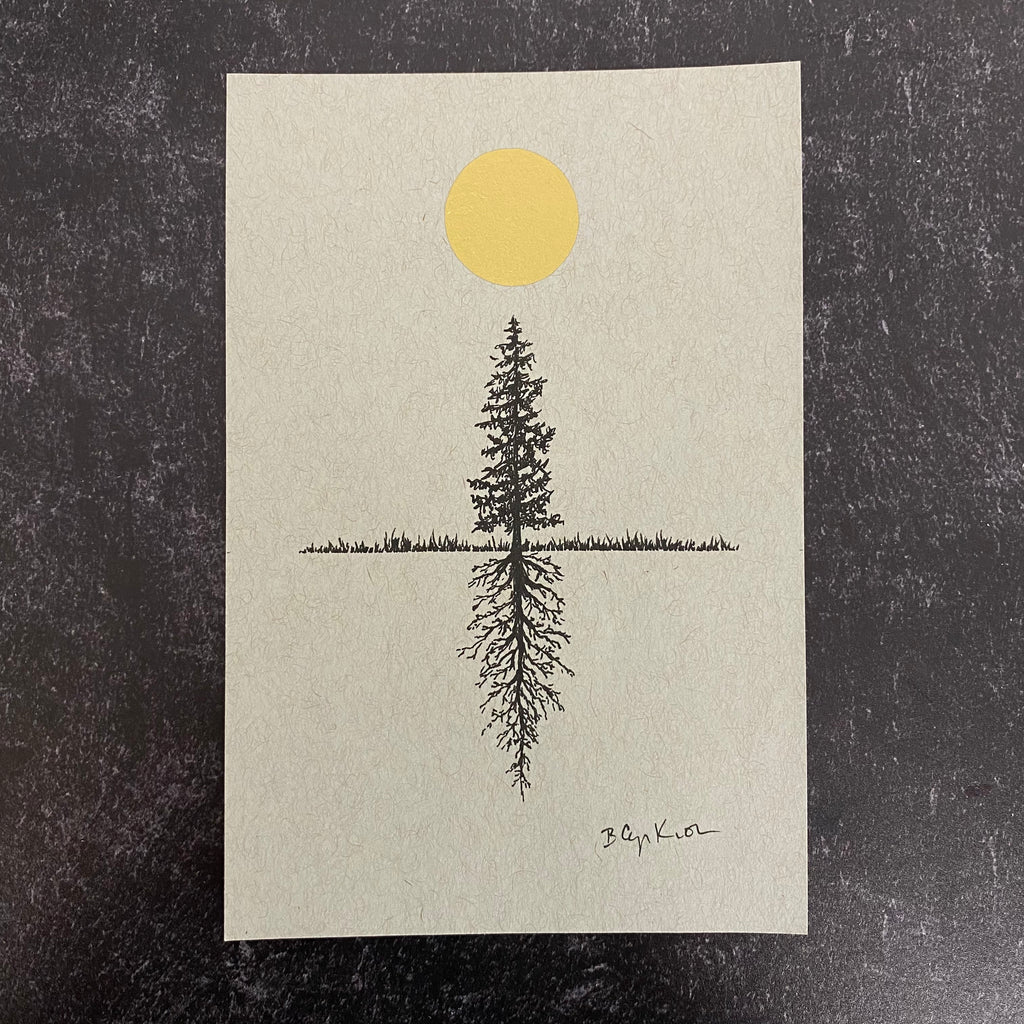 Full moon, tree and roots - Grey and Gold Collection #63 - Original drawing - 4"x6"