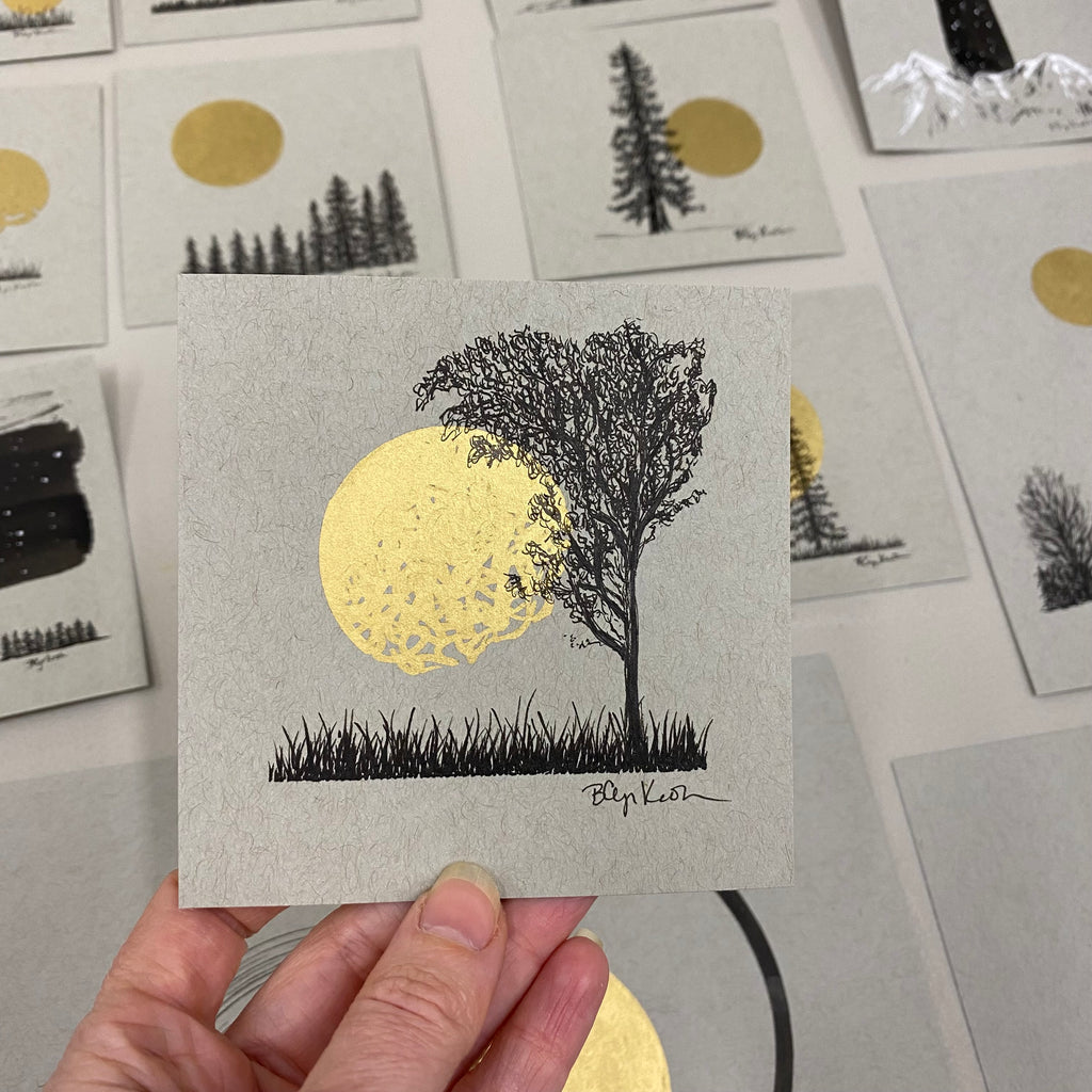 Magical Madrone and the Waning Moon - Grey and Gold Collection #41 - Original drawing - 4"x4"