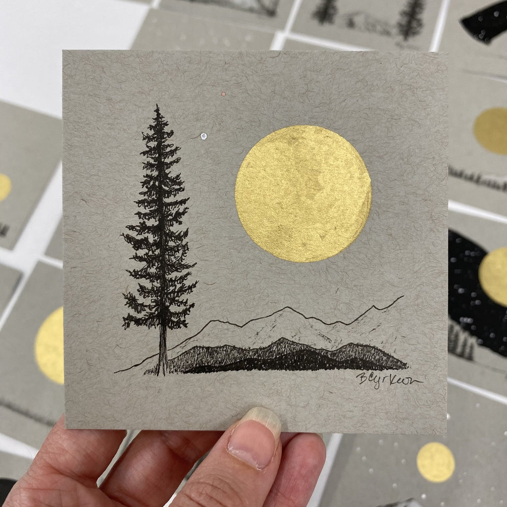 Tree, Moon with Mars and Venus Friends - Grey and Gold Collection #6 - Original drawing - 4"x4"