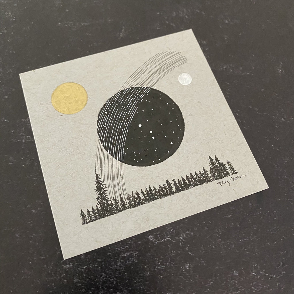 Aries, Star Trails, Sun and Moon over the Tree Line - Grey and Gold Collection #8 - Original drawing - 4"x4"