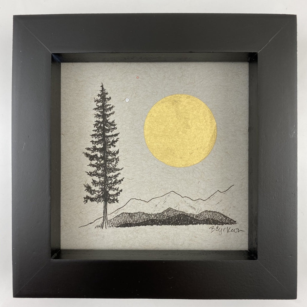 Tree, Moon with Mars and Venus Friends - Grey and Gold Collection #6 - Original drawing - 4"x4"