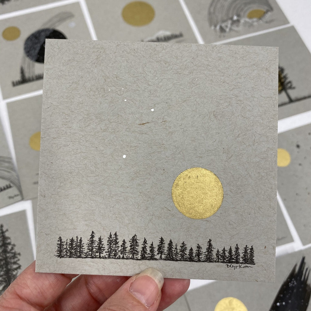 Tree Line and Full Moon - Grey and Gold Collection #11 - Original drawing - 4"x4"