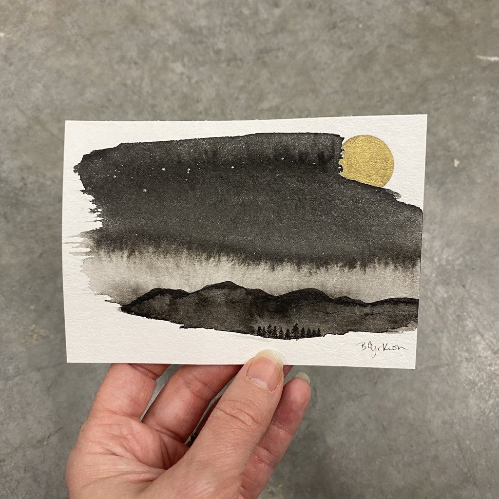 Winter Night Sky 7 - Light behind the mountains - 3.5 x 5 - Original Drawing