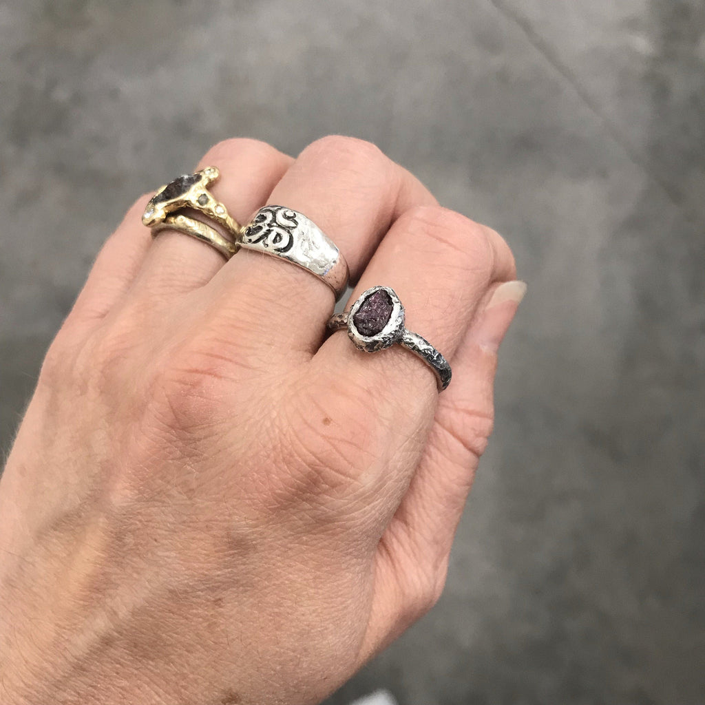 Rough Ruby Ring with Mountain Texture Band in Palladium Sterling Silver - size 6.75 - Ready to Ship - Beth Cyr Handmade Jewelry