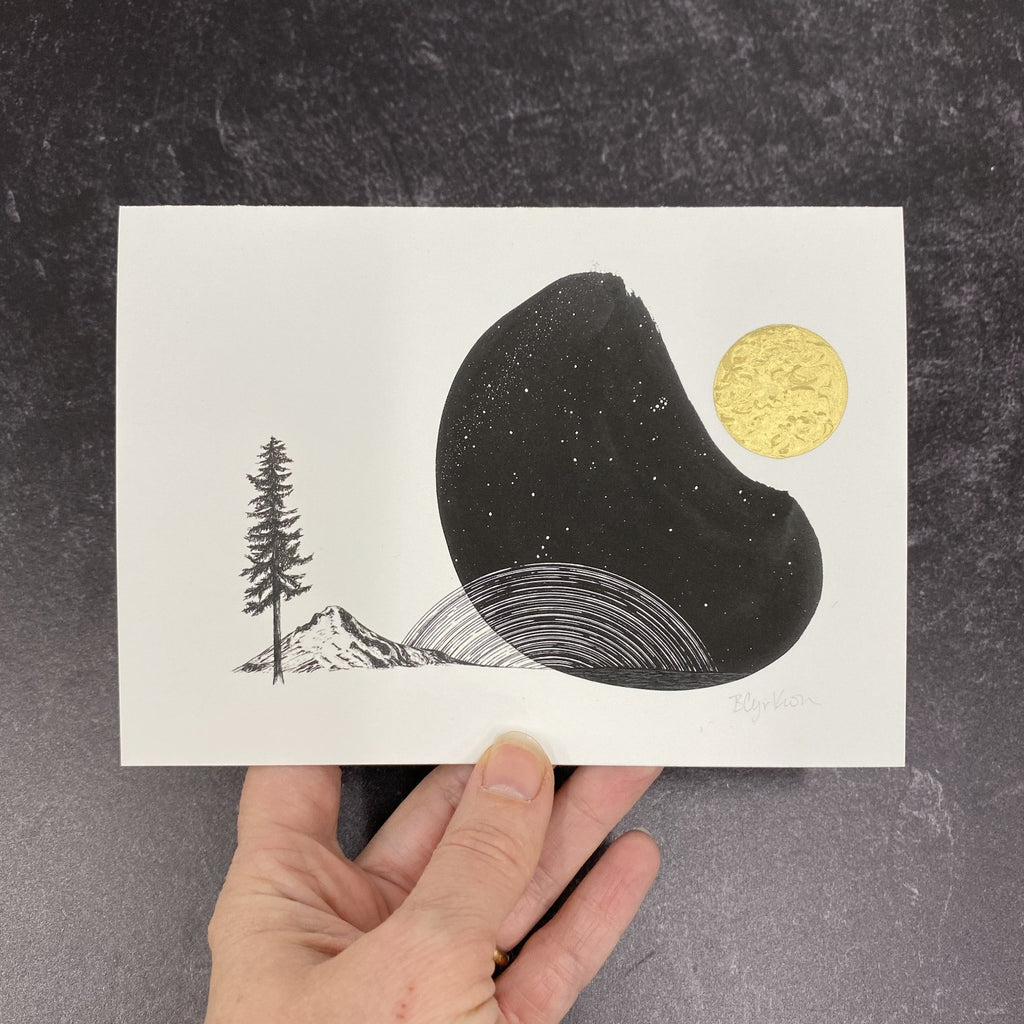 Space and Time Notecards - Card Size 4.5 x 6.25 - print to order - hand embellished in gold