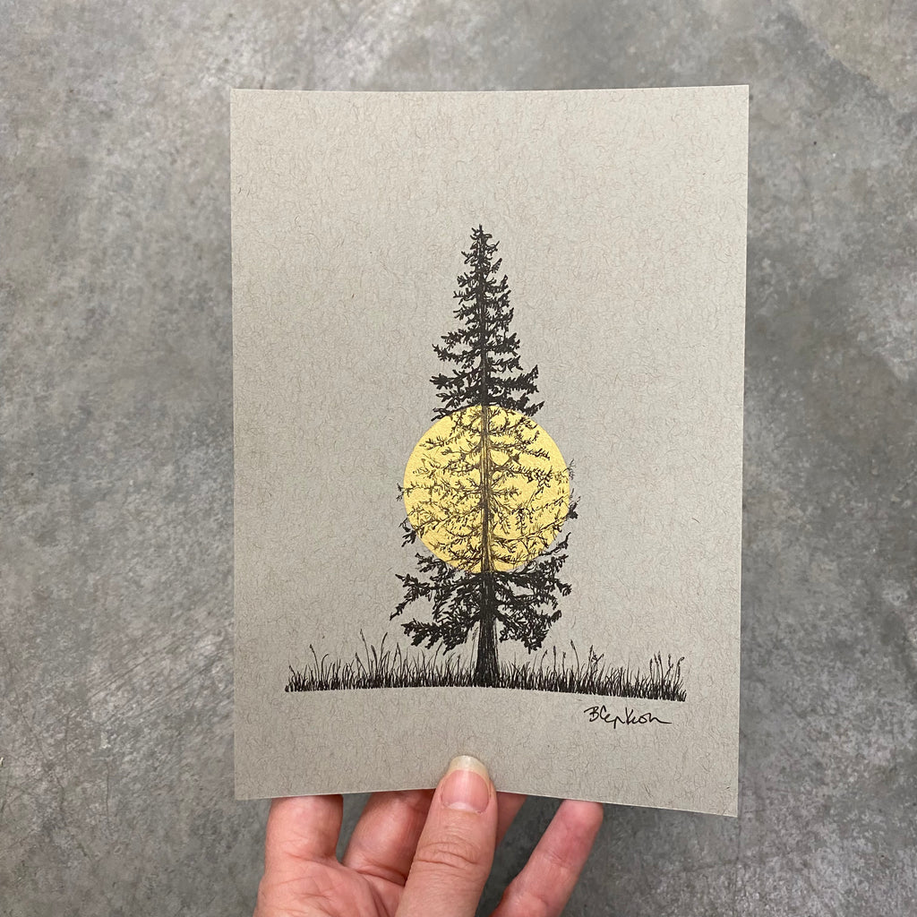 Glowing Tree - Grey and Gold Collection #64 - Original drawing - 5"x7"