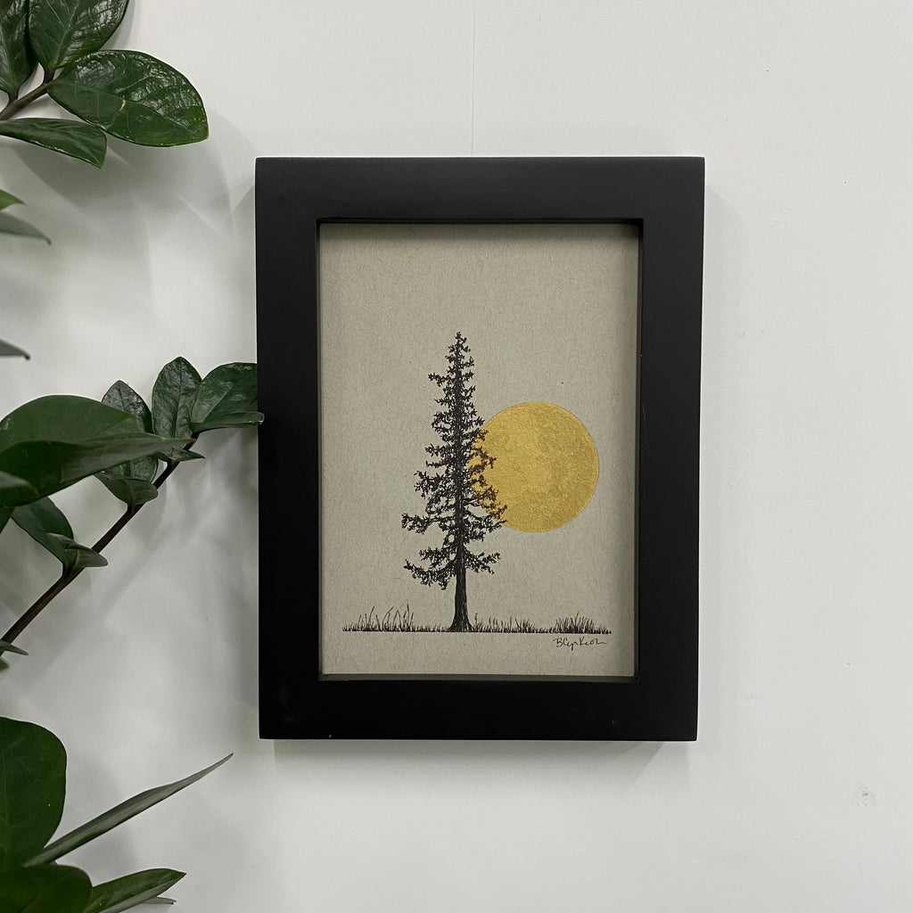 Very Tall Tree and Full Moon in a Spring Field - Grey and Gold Collection #48 - Original drawing - 5"x7"