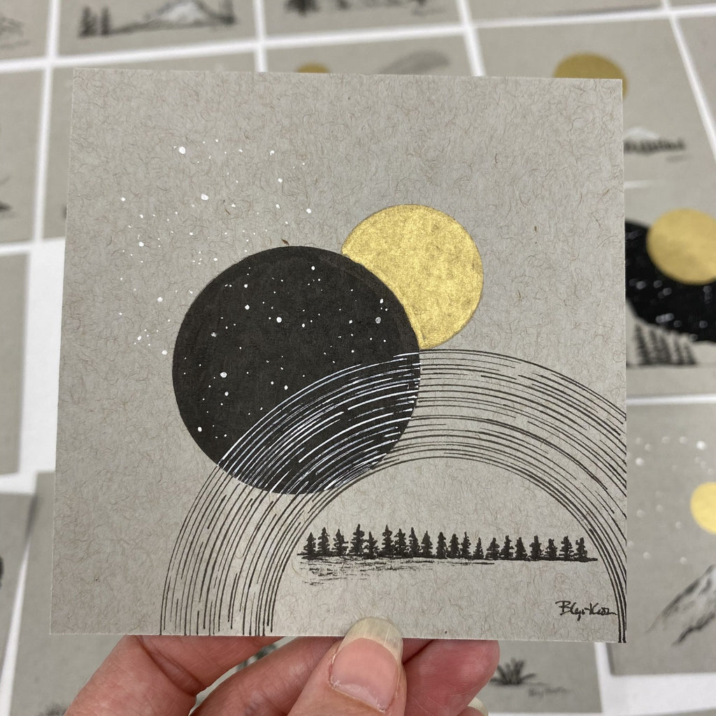 Stars Trails, Stars, Moon and Trees - Grey and Gold Collection #12 - Original drawing - 4"x4"