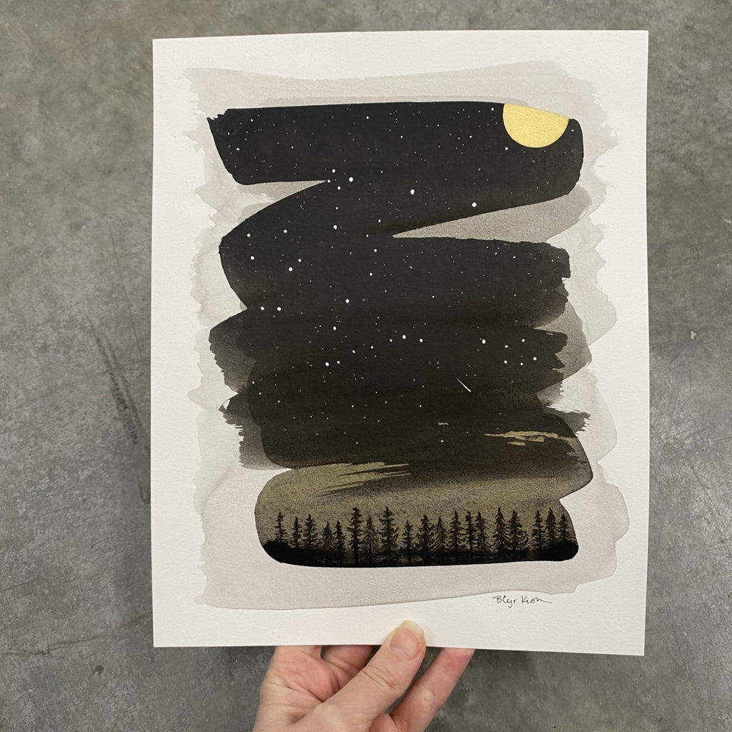 Winter Night Sky 27 - Pisces and Aquarius over golden clouds - 8 x 10 - Original Drawing