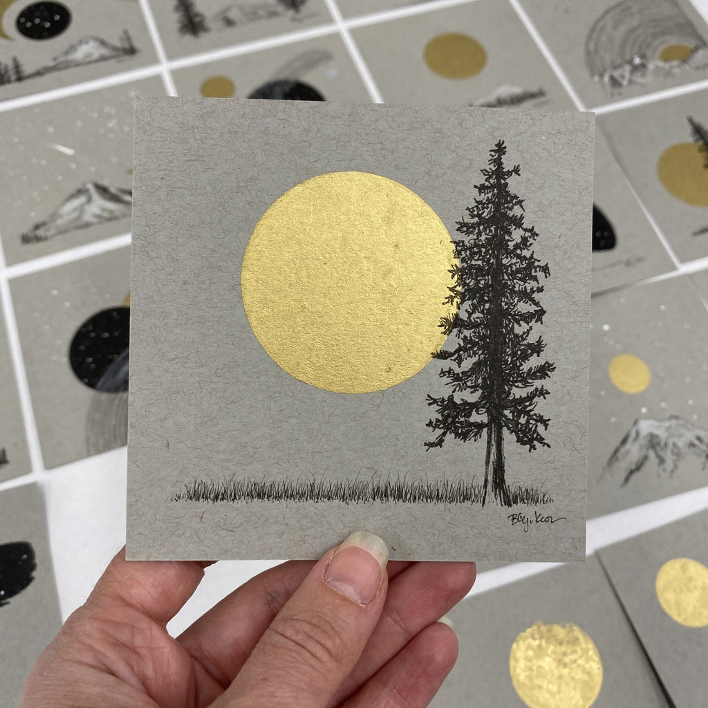 Supermoon and Solo Tree - Grey and Gold Collection #17 - Original drawing - 4"x4"