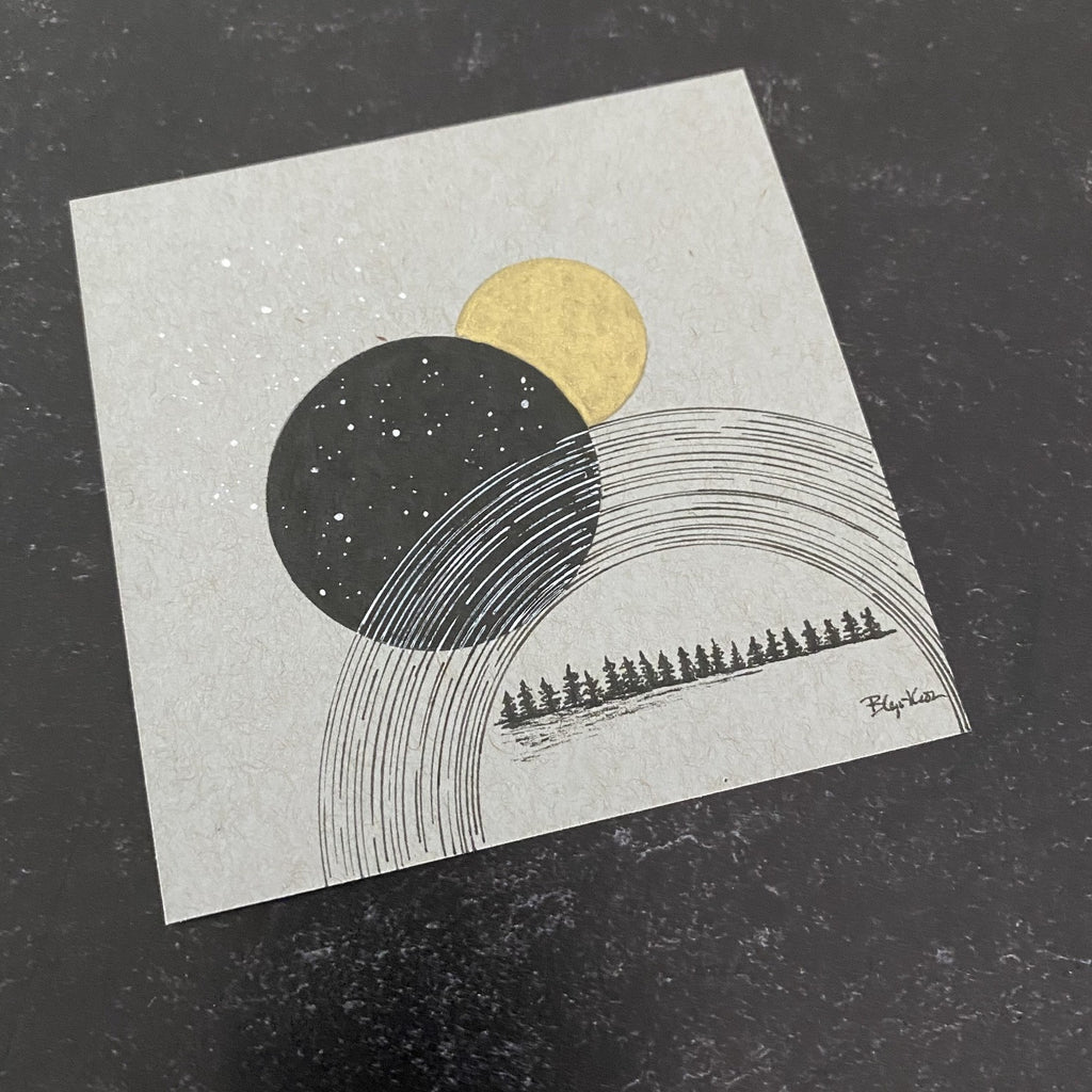 Stars Trails, Stars, Moon and Trees - Grey and Gold Collection #12 - Original drawing - 4"x4"