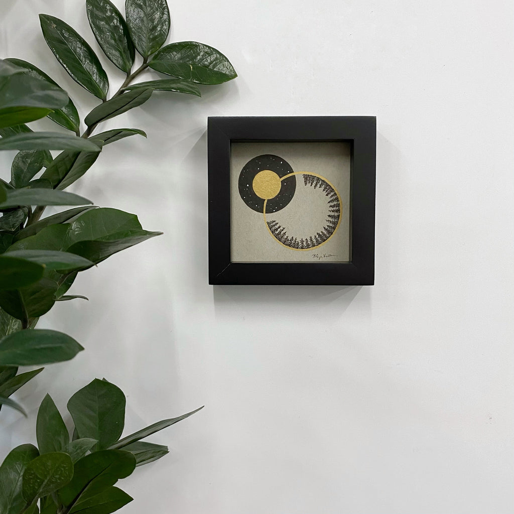Full Moon Tree Circle - Grey and Gold Collection - Original drawing - 4"x4"