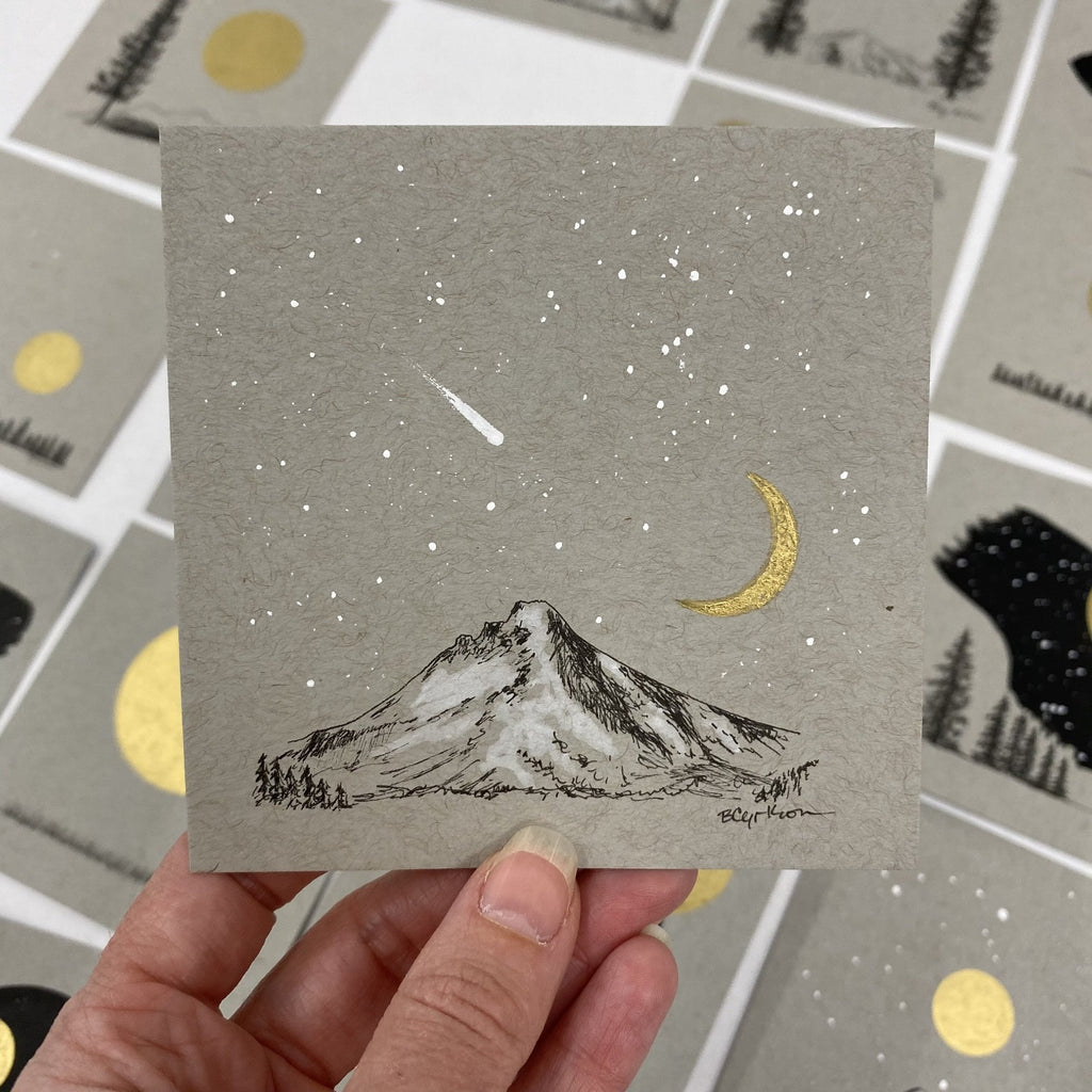 Shooting Star, Mt. Hood, Moon and little Orion - Grey and Gold Collection #7 - Original drawing - 4"x4"